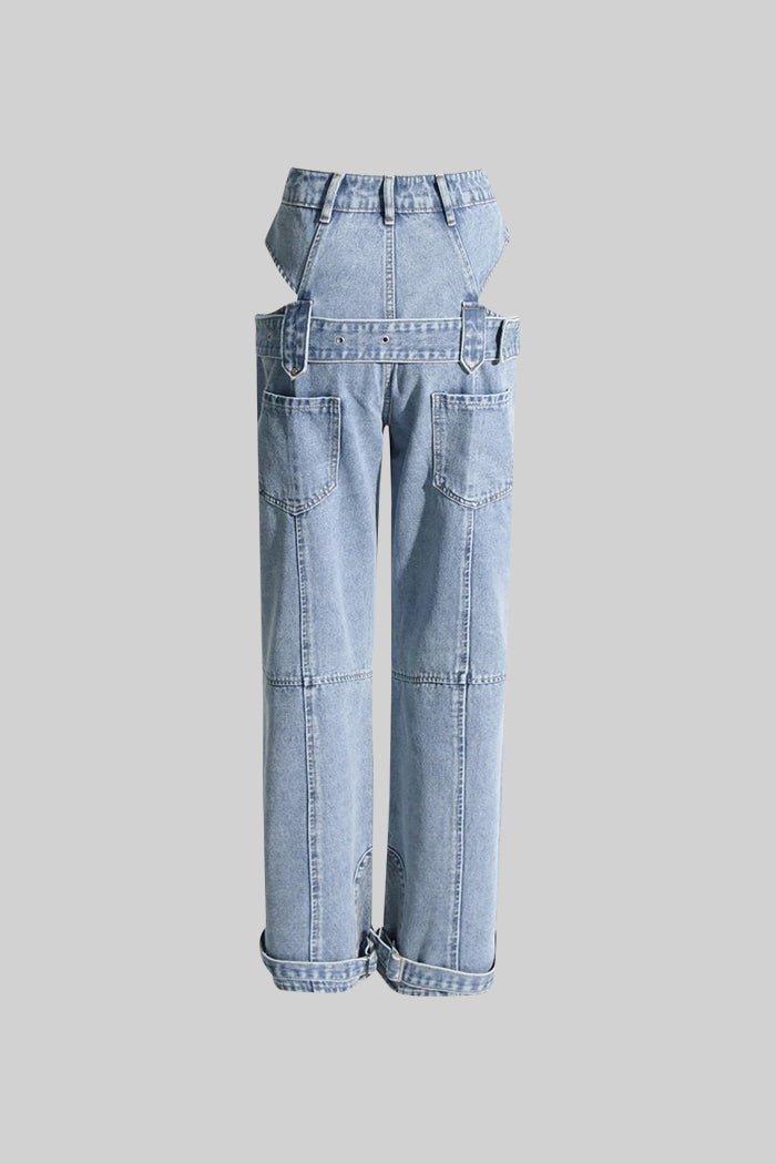 Carmen - Jeans de Pernera Ancha con Recortes Laterales y Hebilla - Azul