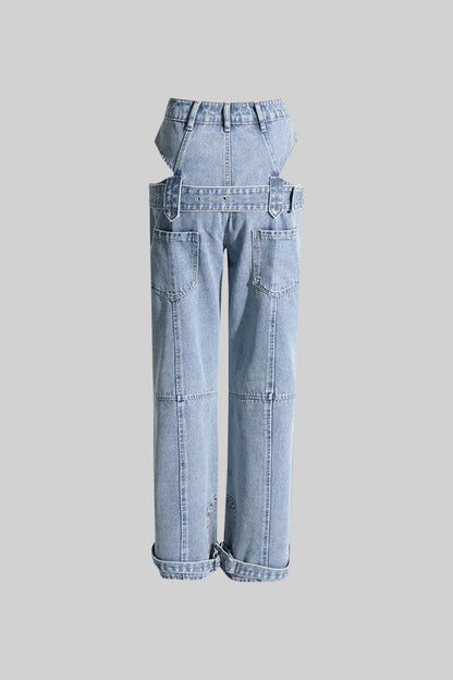 Carmen - Jeans de Pernera Ancha con Recortes Laterales y Hebilla - Azul