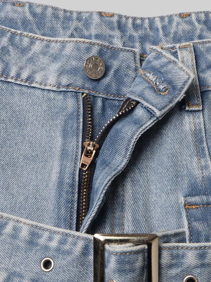 Carmen - Jeans de Pernera Ancha con Recortes Laterales y Hebilla - Azul