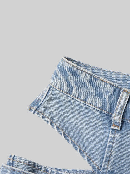 Carmen - Jeans de Pernera Ancha con Recortes Laterales y Hebilla - Azul