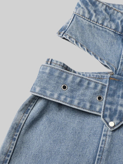 Carmen - Jeans de Pernera Ancha con Recortes Laterales y Hebilla - Azul