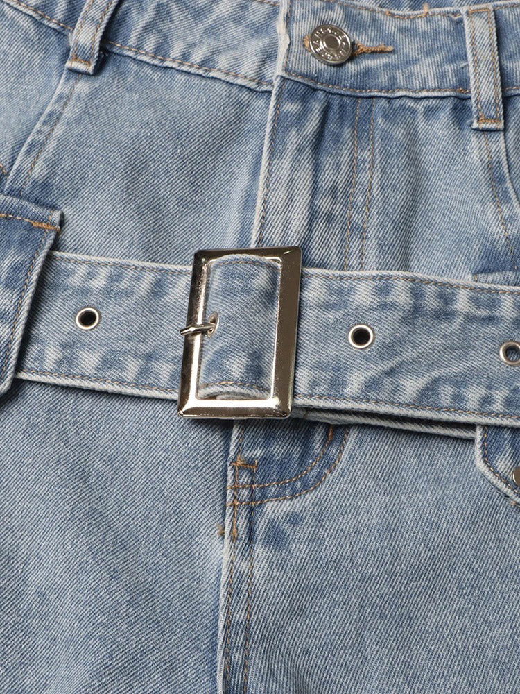 Carmen - Jeans de Pernera Ancha con Recortes Laterales y Hebilla - Azul