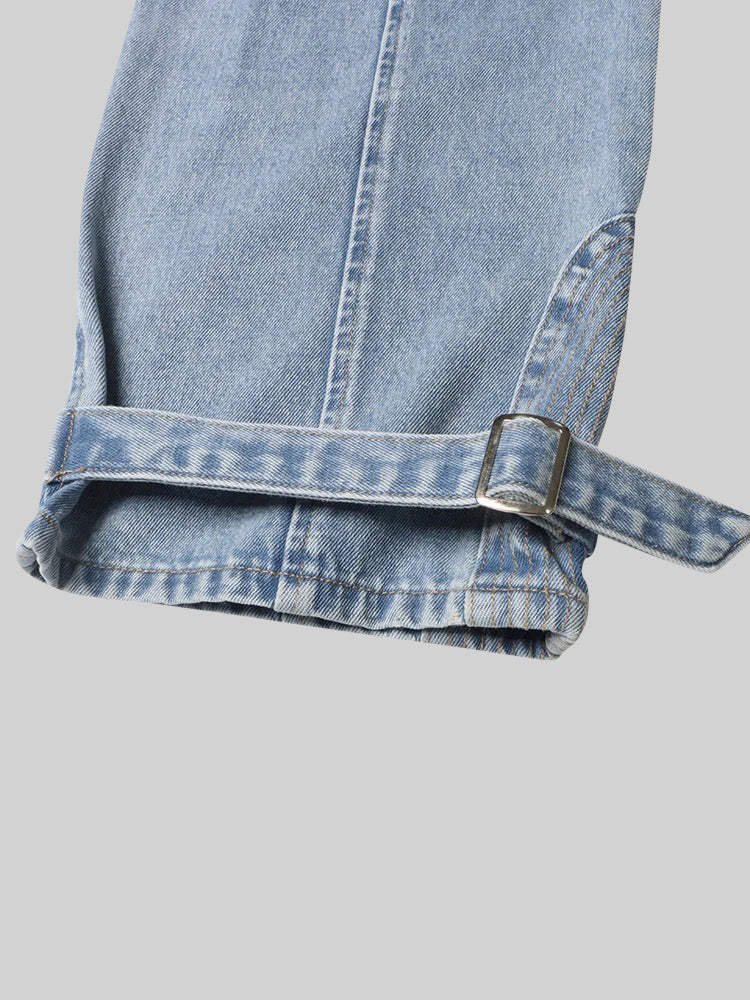 Carmen - Jeans de Pernera Ancha con Recortes Laterales y Hebilla - Azul