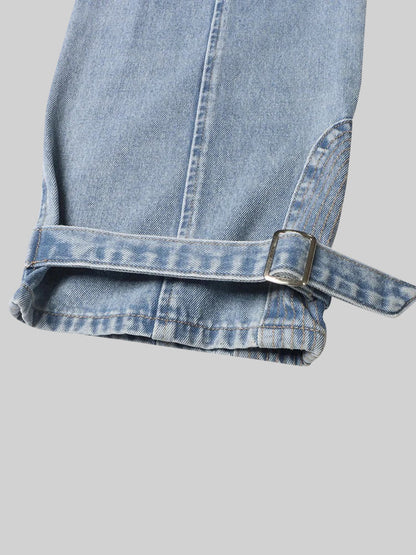 Carmen - Jeans de Pernera Ancha con Recortes Laterales y Hebilla - Azul