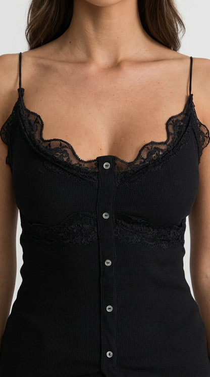 Diana - Camisola Acanalada con Ribete de Encaje y Cierre Frontal con Botones - Negro