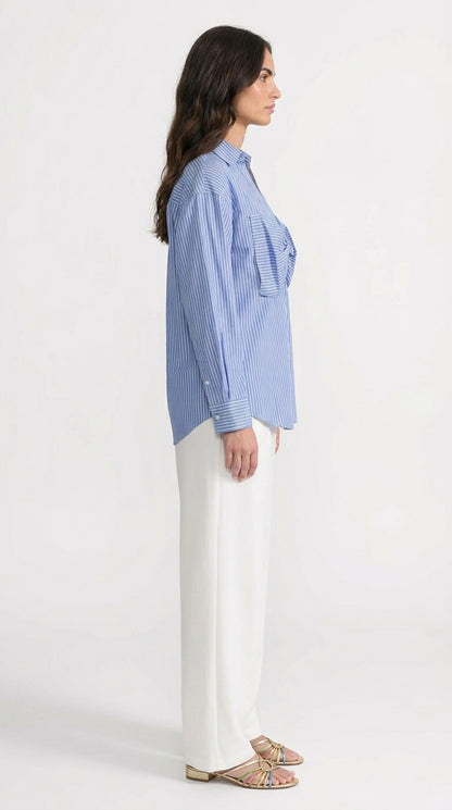 Raquel - Camisa de Algodón a Rayas con Detalle de Lazo Oversized - Azul