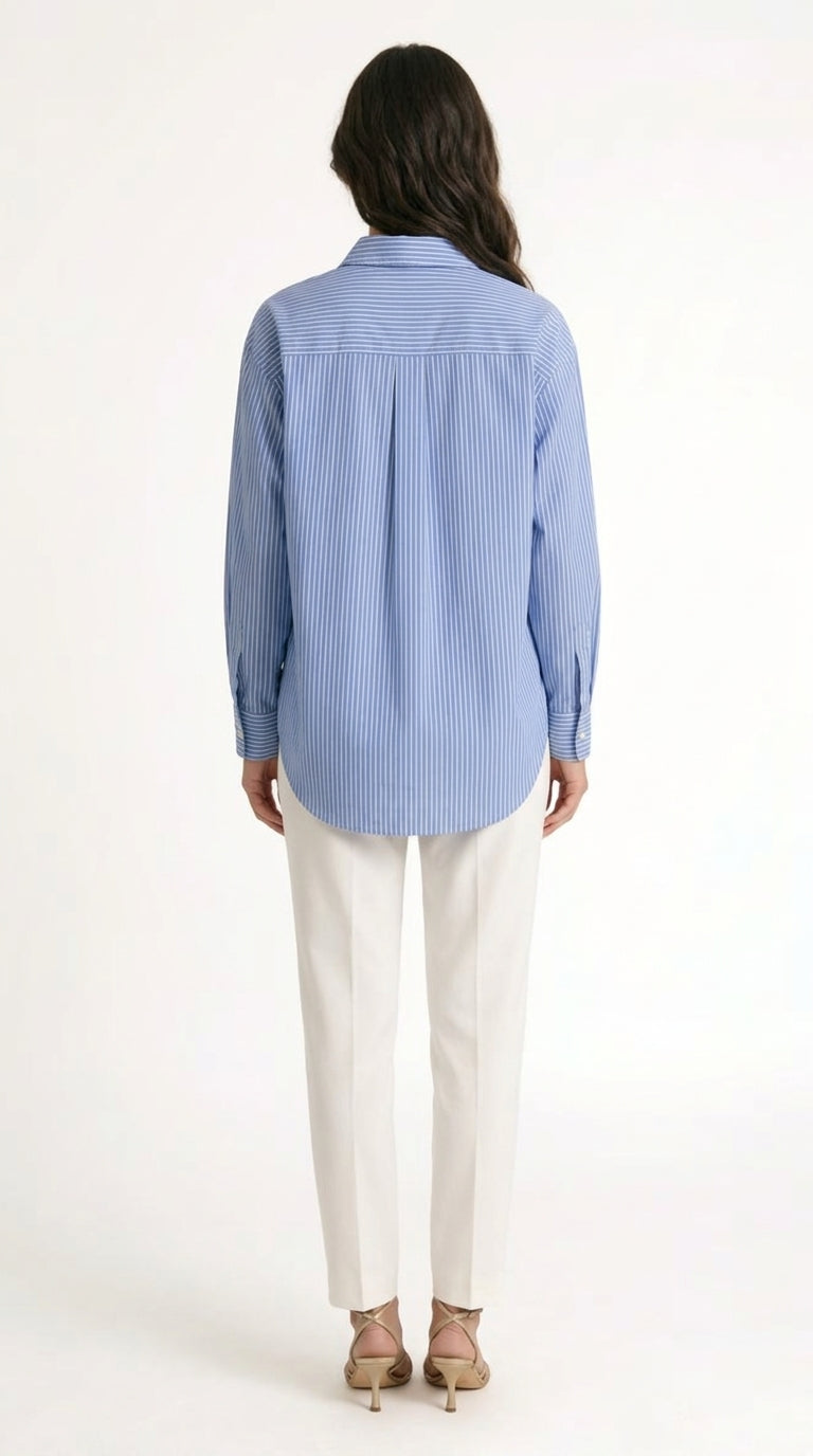 Raquel - Camisa de Algodón a Rayas con Detalle de Lazo Oversized - Azul