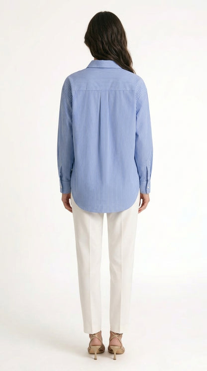 Raquel - Camisa de Algodón a Rayas con Detalle de Lazo Oversized - Azul