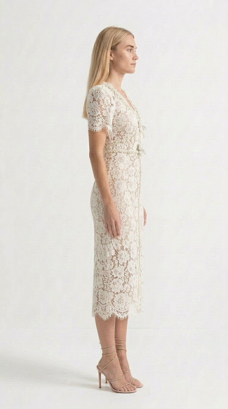 Isabella - Vestido Midi de Encaje con Detalles de Lazo - Marfil
