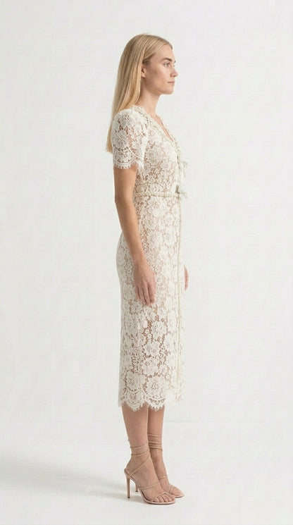 Isabella - Vestido Midi de Encaje con Detalles de Lazo - Marfil