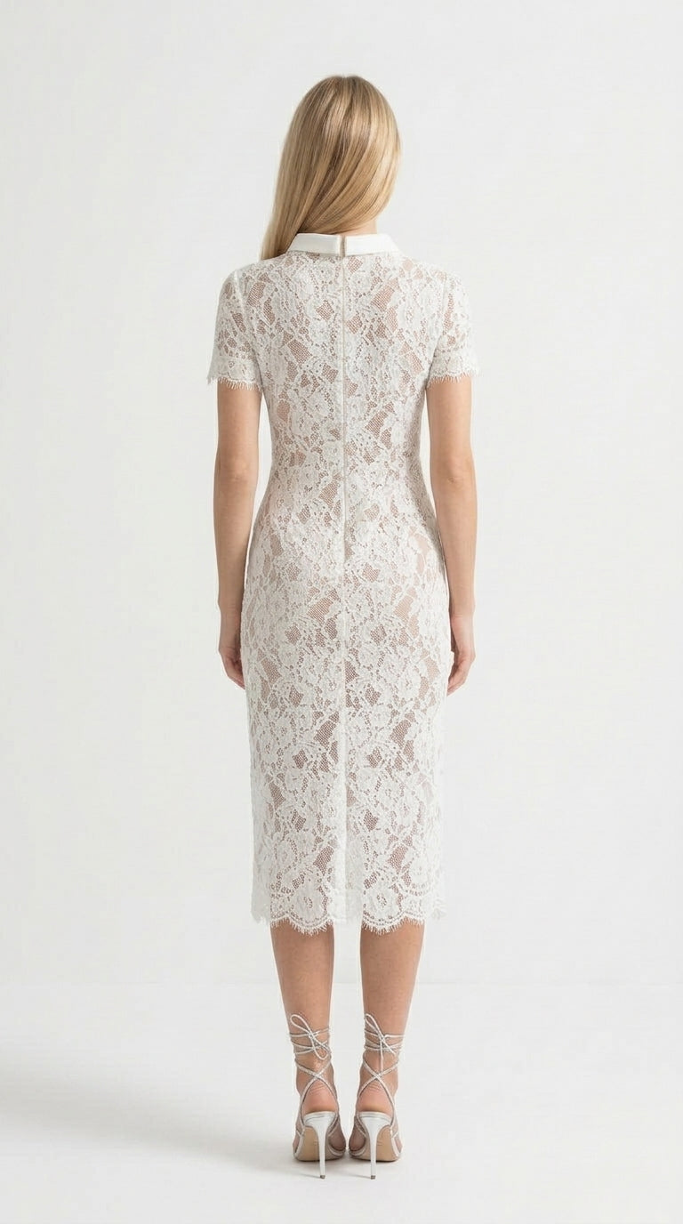 Victoria - Vestido Elegante de Encaje con Manga Corta y Cinturón a Juego - Blanco