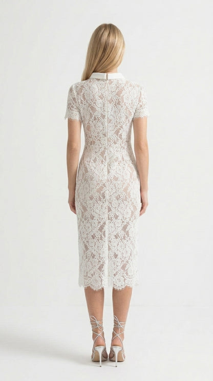 Victoria - Vestido Elegante de Encaje con Manga Corta y Cinturón a Juego - Blanco