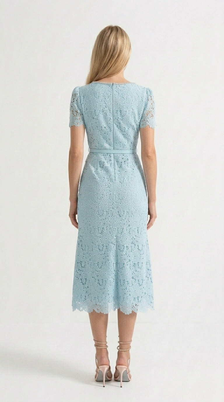 Valentina - Delicado Vestido Midi de Encaje Azur - Azul Bebé