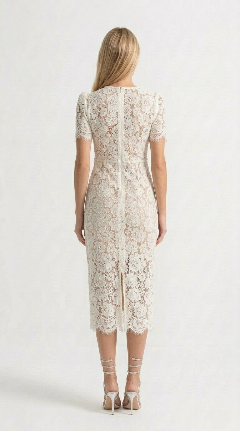 Isabella - Vestido Midi de Encaje con Detalles de Lazo - Marfil