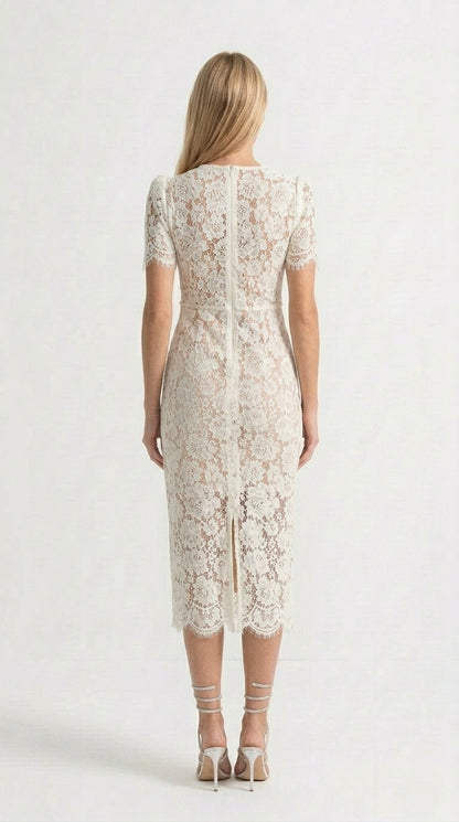 Isabella - Vestido Midi de Encaje con Detalles de Lazo - Marfil