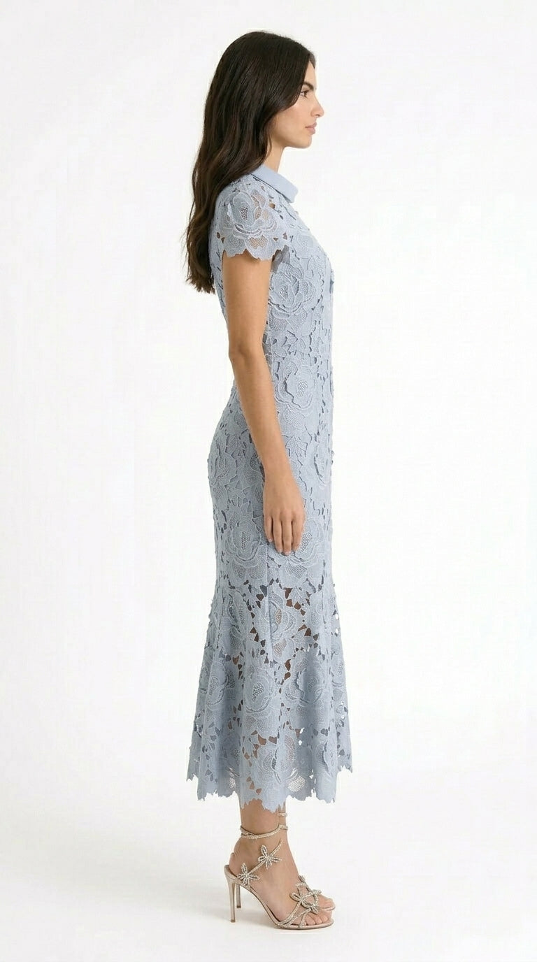 Elena - Vestido de Encaje con Patrón Floral, Cuello Alto y Falda Midi - Azul