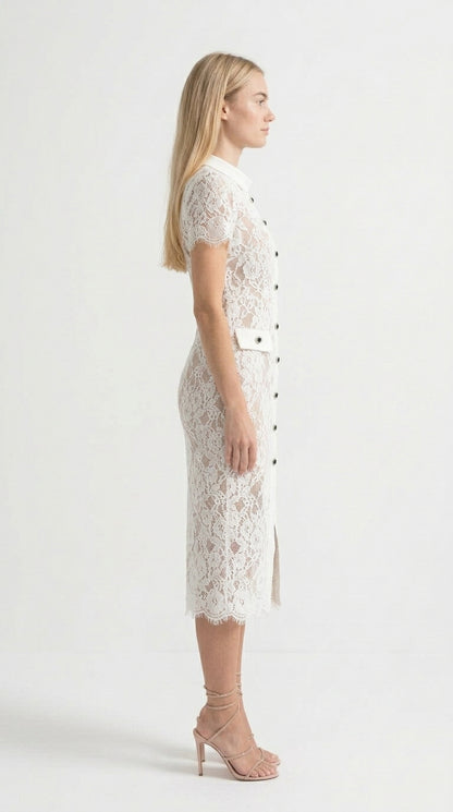 Victoria - Vestido Elegante de Encaje con Manga Corta y Cinturón a Juego - Blanco