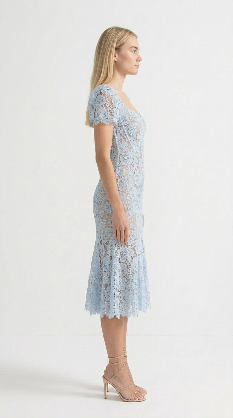Natalia - Vestido de Encaje con Manga Corta y Delicado Cinturón a Juego - Azul