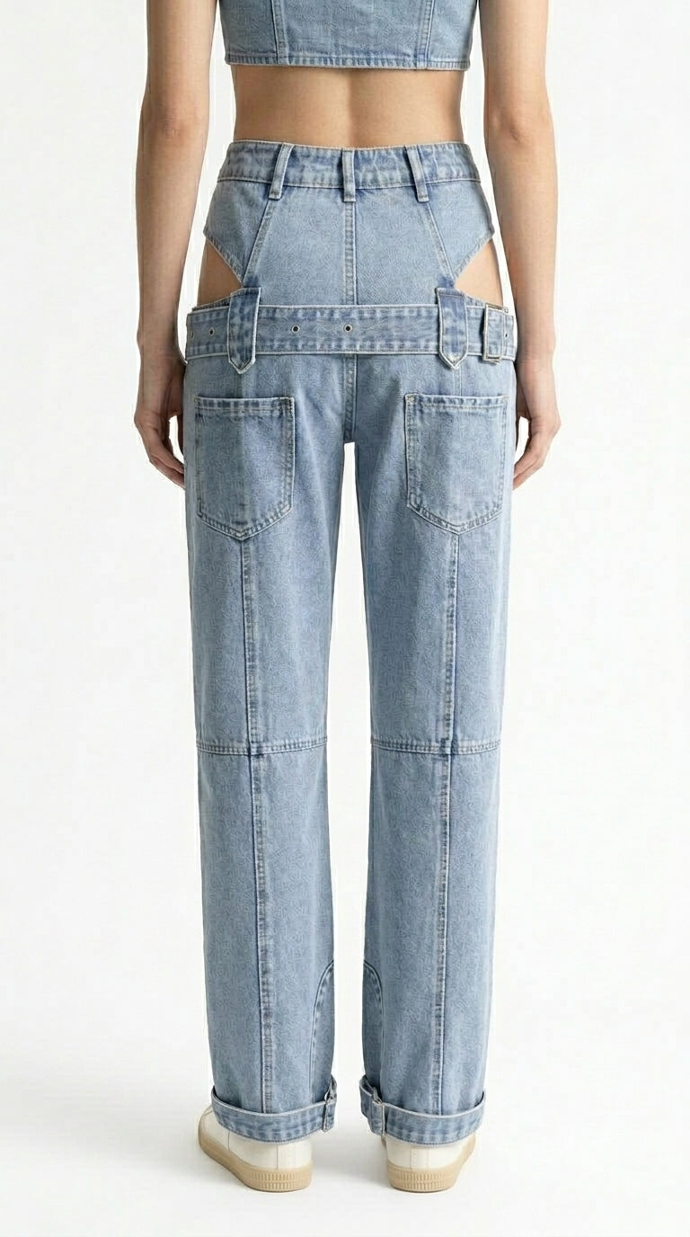 Carmen - Jeans de Pernera Ancha con Recortes Laterales y Hebilla - Azul