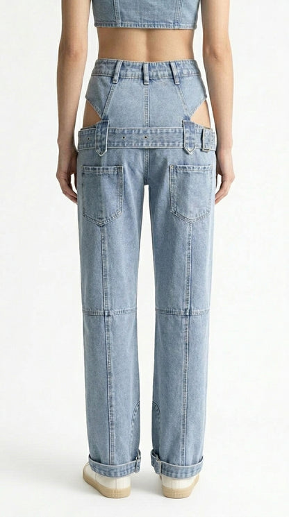 Carmen - Jeans de Pernera Ancha con Recortes Laterales y Hebilla - Azul