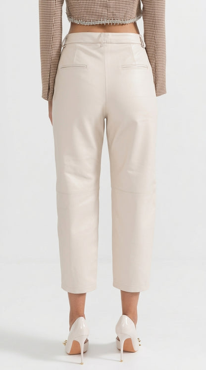 Pilar - Pantalones Rectos de Piel con Costuras Decorativas - Blanco