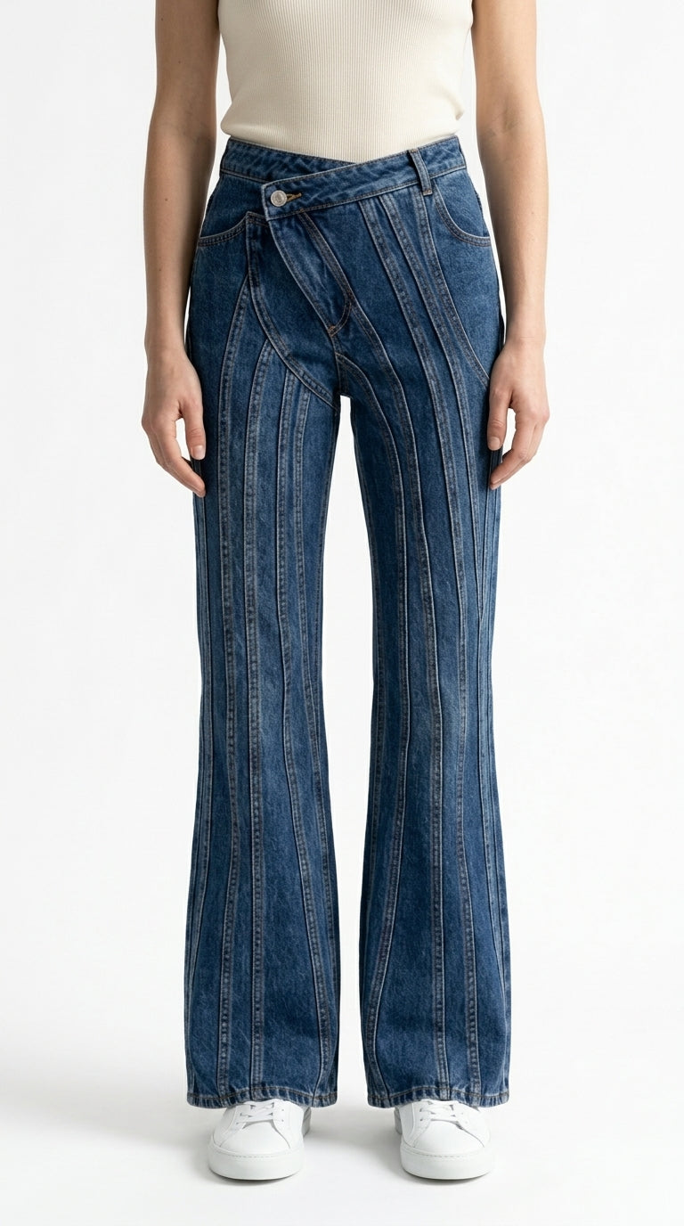 Isabel - Jeans de Pernera Ancha con Diseño de Costuras - Azul