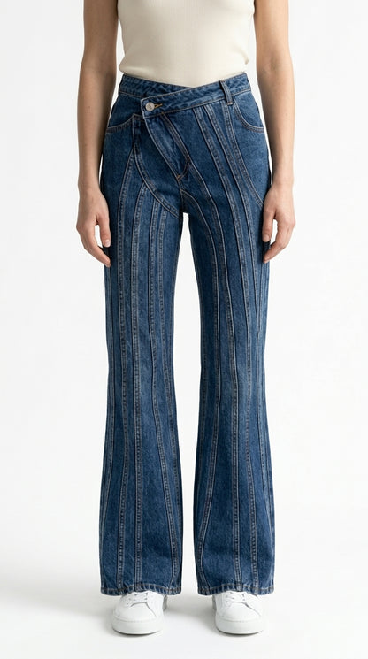 Isabel - Jeans de Pernera Ancha con Diseño de Costuras - Azul