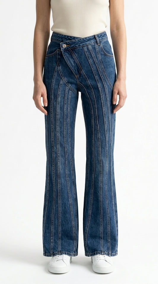 Isabel - Jeans de Pernera Ancha con Diseño de Costuras - Azul