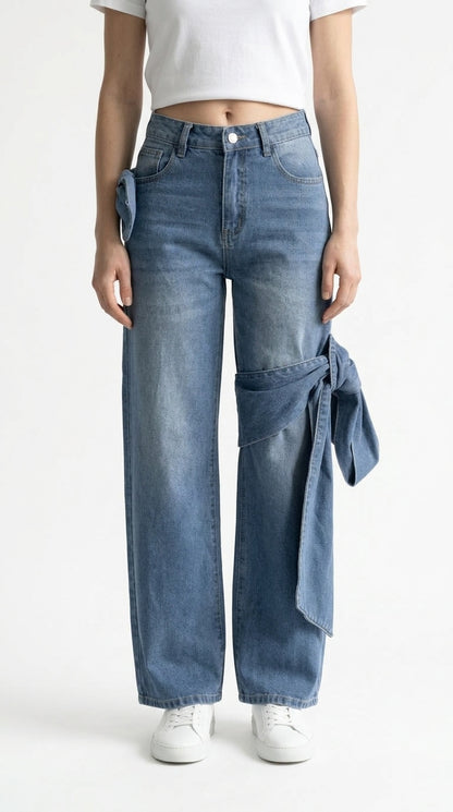 Ana - Jeans de Pernera Ancha con Detalles de Lazo - Azul