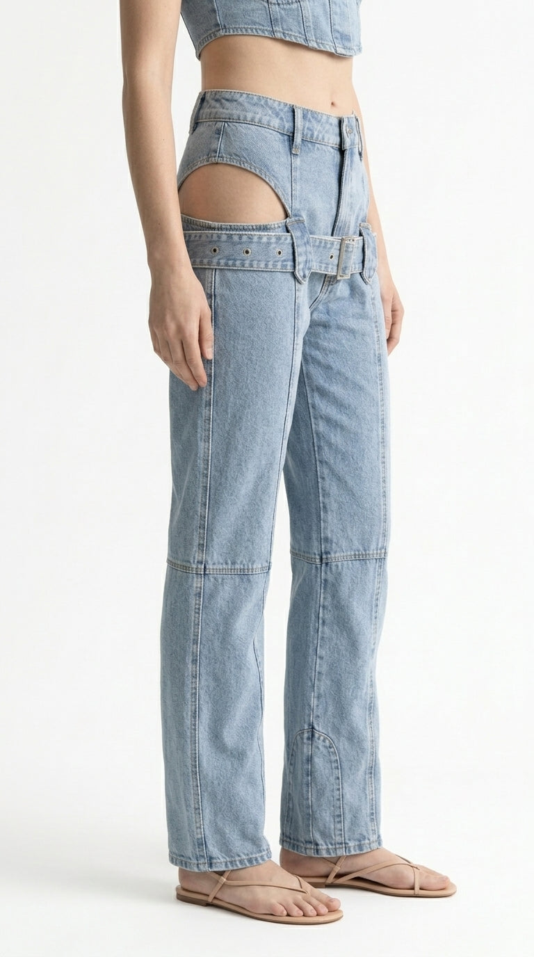 Carmen - Jeans de Pernera Ancha con Recortes Laterales y Hebilla - Azul