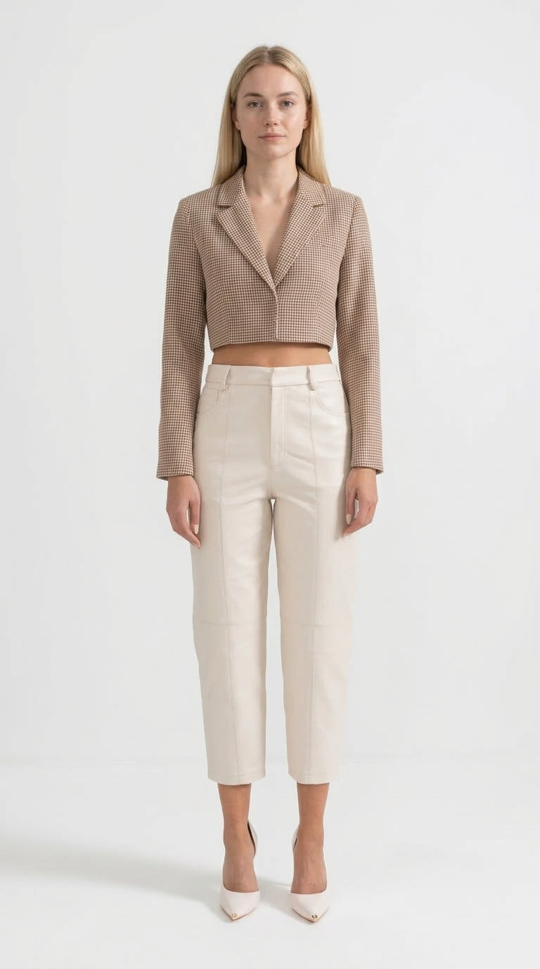 Pilar - Pantalones Rectos de Piel con Costuras Decorativas - Blanco