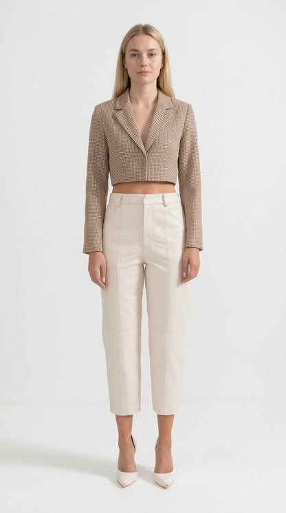 Pilar - Pantalones Rectos de Piel con Costuras Decorativas - Blanco