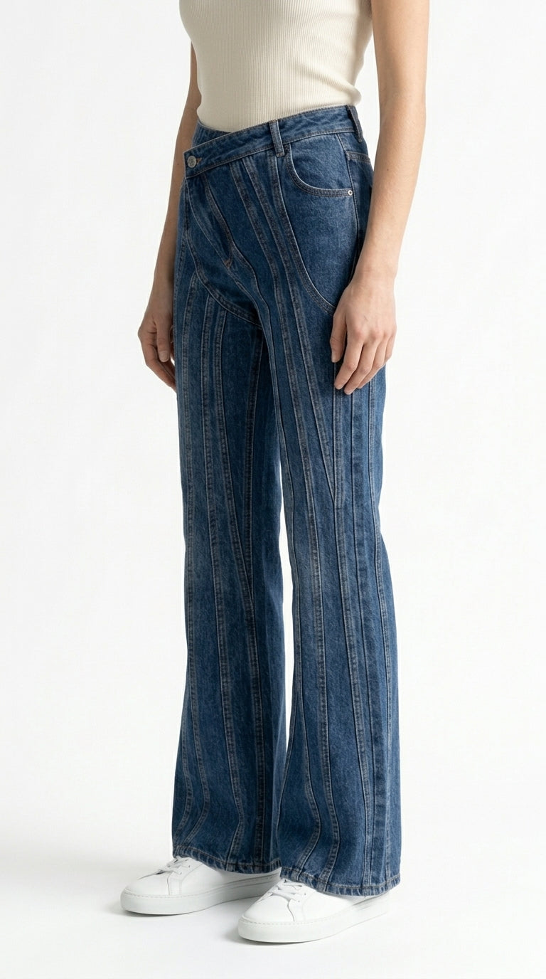 Isabel - Jeans de Pernera Ancha con Diseño de Costuras - Azul