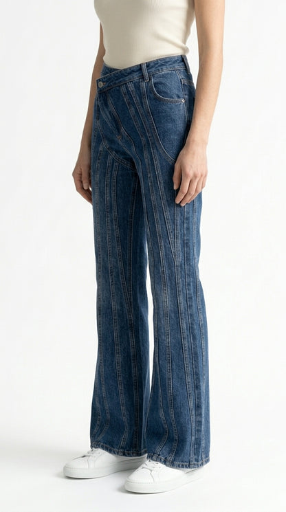 Isabel - Jeans de Pernera Ancha con Diseño de Costuras - Azul