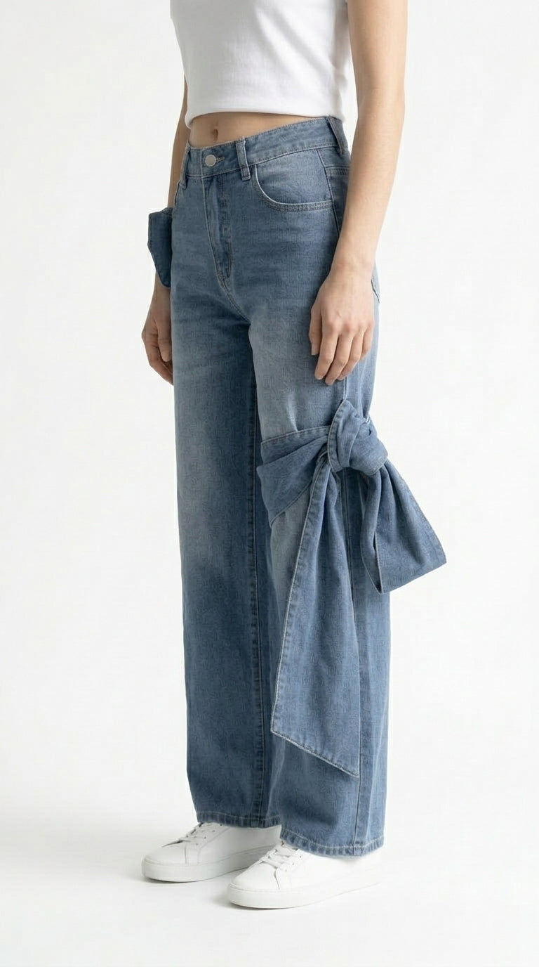 Ana - Jeans de Pernera Ancha con Detalles de Lazo - Azul