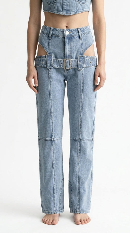 Carmen - Jeans de Pernera Ancha con Recortes Laterales y Hebilla - Azul