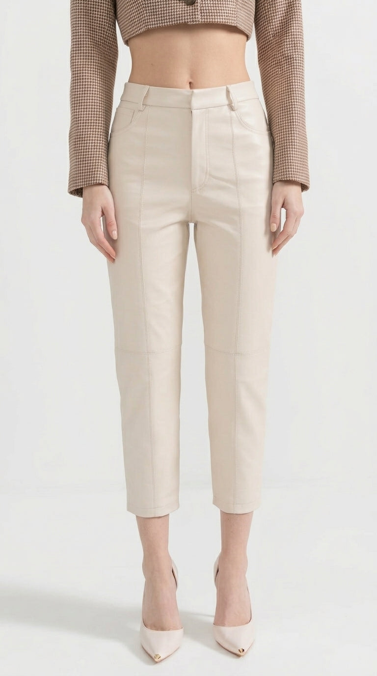 Pilar - Pantalones Rectos de Piel con Costuras Decorativas - Blanco