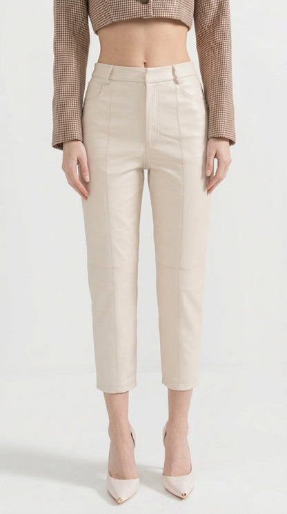 Pilar - Pantalones Rectos de Piel con Costuras Decorativas - Blanco