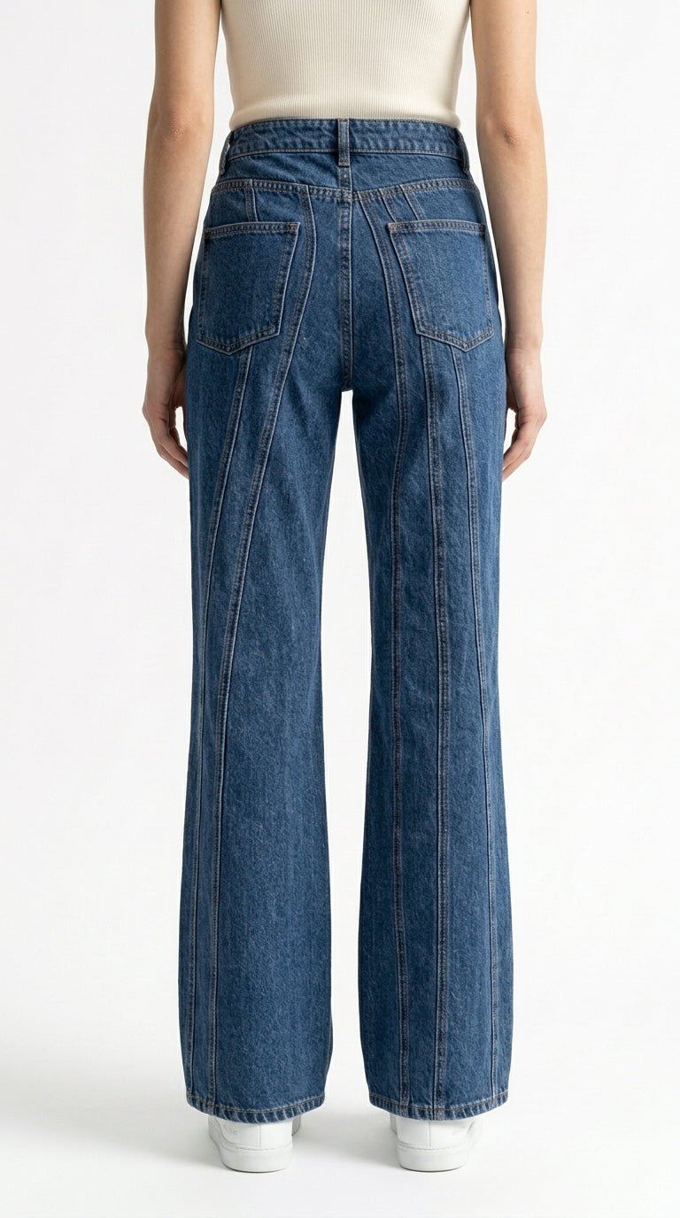 Isabel - Jeans de Pernera Ancha con Diseño de Costuras - Azul
