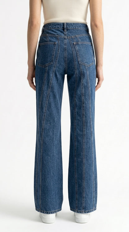 Isabel - Jeans de Pernera Ancha con Diseño de Costuras - Azul
