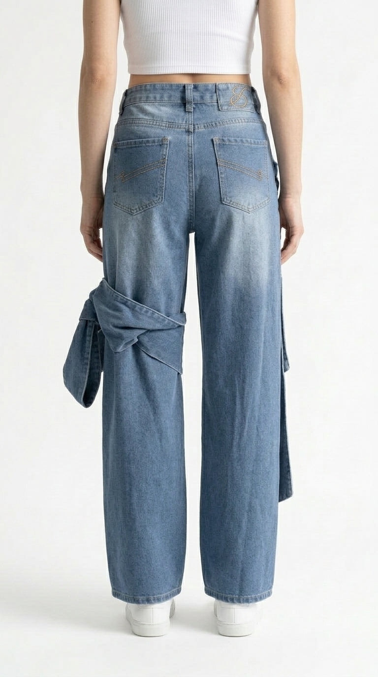 Ana - Jeans de Pernera Ancha con Detalles de Lazo - Azul