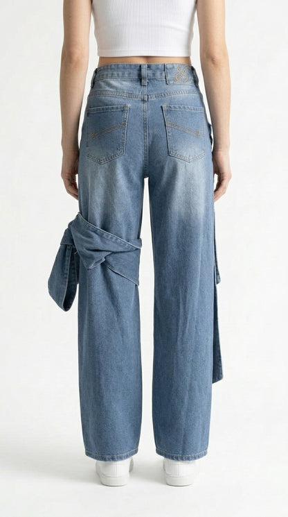 Ana - Jeans de Pernera Ancha con Detalles de Lazo - Azul