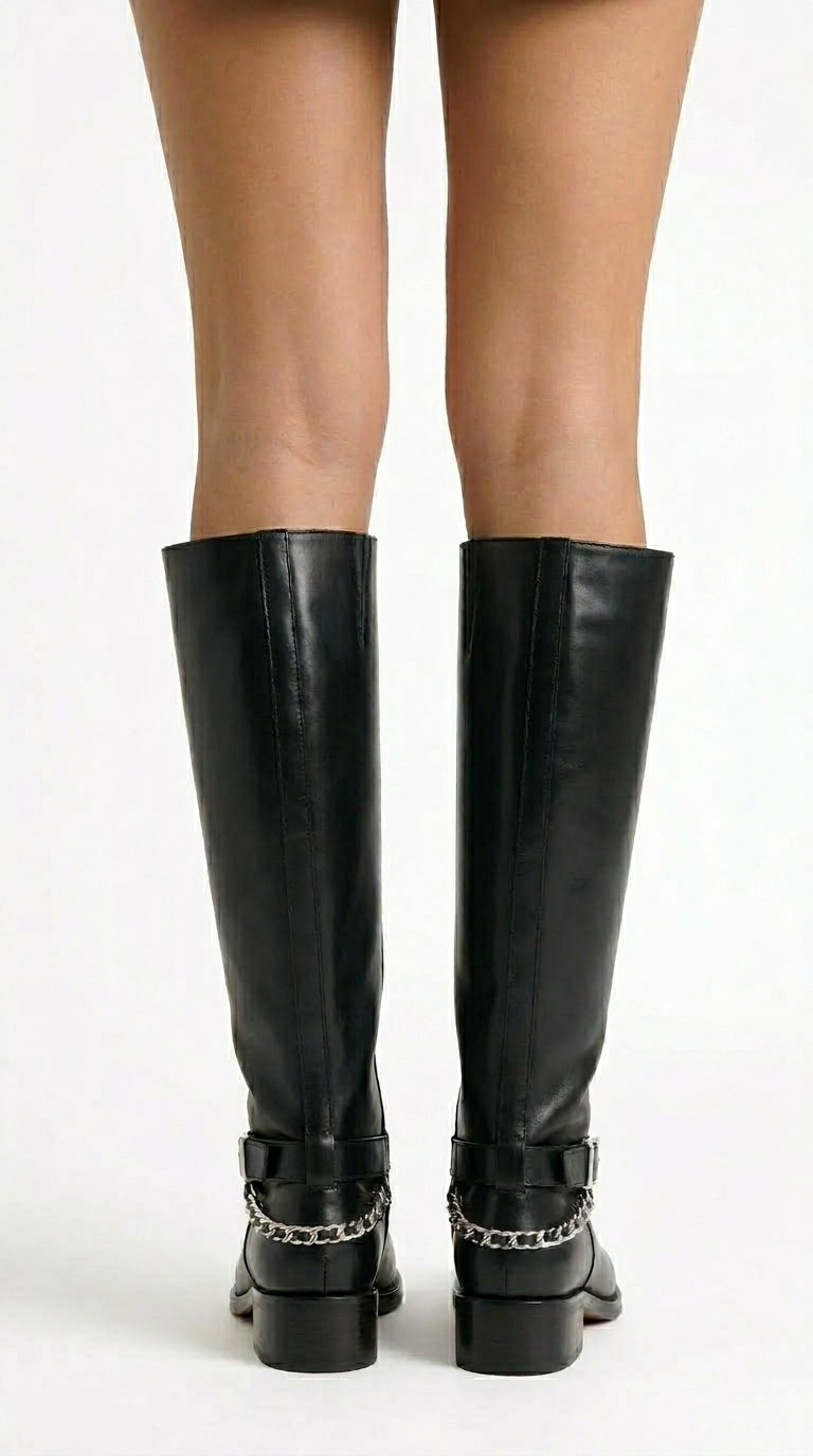 Luz - Botas de Piel Estilo Ecuestre con Cadena Trasera - Negro