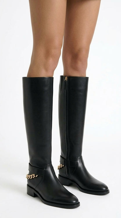 Luz - Botas de Piel Estilo Ecuestre con Cadena Trasera - Negro