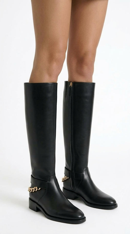 Luz - Botas de Piel Estilo Ecuestre con Cadena Trasera - Negro