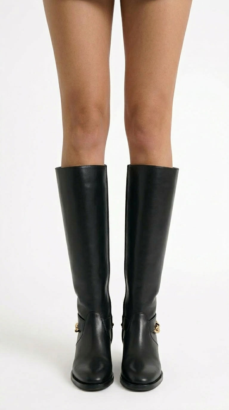 Luz - Botas de Piel Estilo Ecuestre con Cadena Trasera - Negro