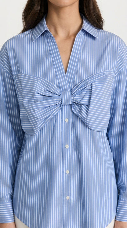 Raquel - Camisa de Algodón a Rayas con Detalle de Lazo Oversized - Azul