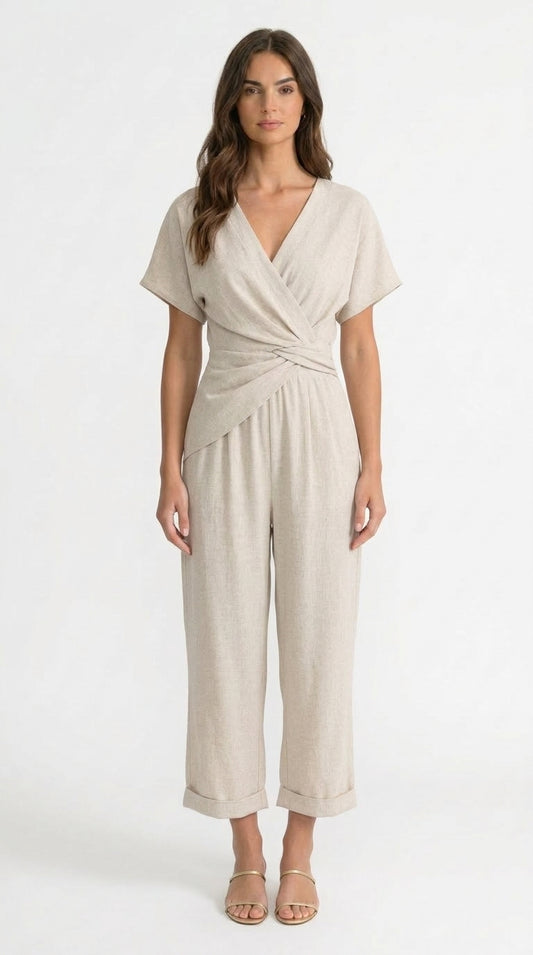 Julia - Conjunto Elegante de Dos Piezas con Top Cruzado y Pantalón Cropped
