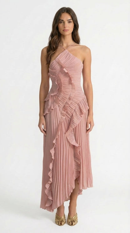 Sofía - Vestido Midi Plisado Halter con Detalles de Volantes en Cascada - Lavanda