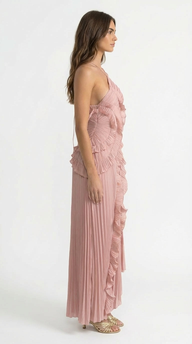 Sofía - Vestido Midi Plisado Halter con Detalles de Volantes en Cascada - Lavanda